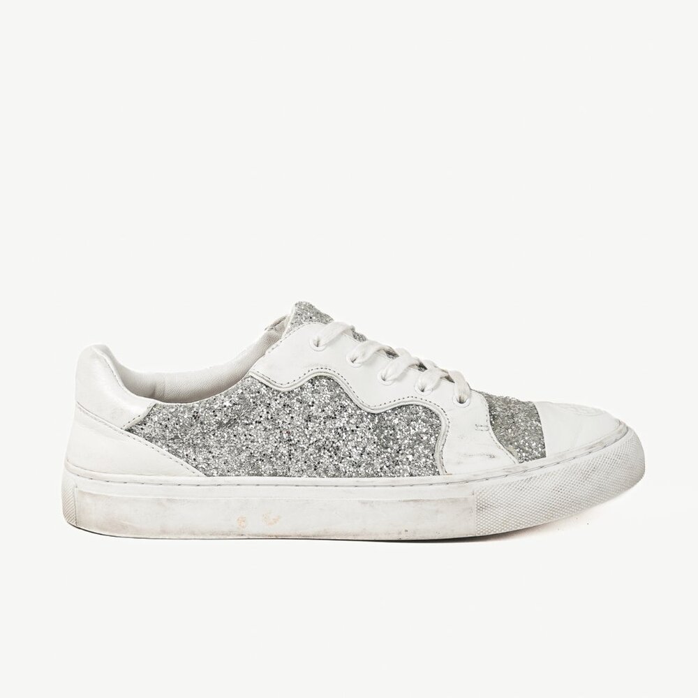 Tory Burch Milo Lace-Up White-Leather Silver-Glitter Sneakers